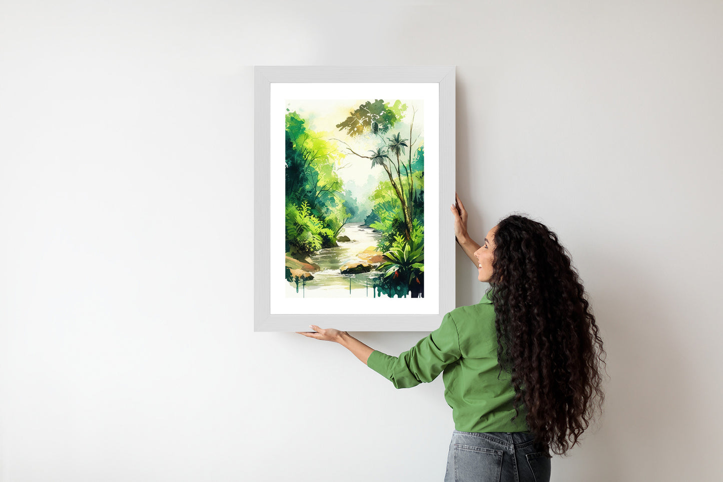 Poster Dschungel Aus Palmen Und Fluss Rahmen Holz Mit Passepartout Farbe Natürlich