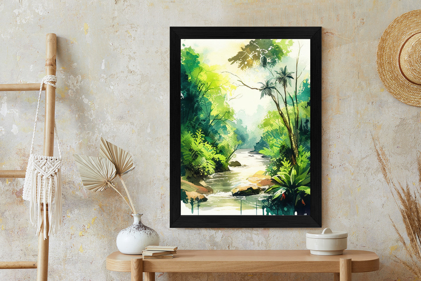Poster Dschungel Aus Palmen Und Fluss Rahmen Holz Mit Passepartout Farbe Natürlich