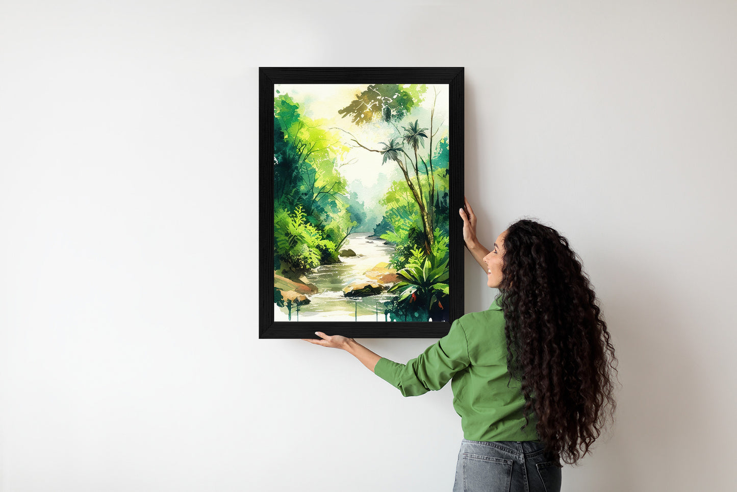 Poster Dschungel Aus Palmen Und Fluss Rahmen Holz Mit Passepartout Farbe Natürlich