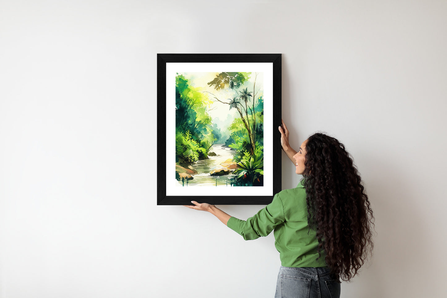 Poster Dschungel Aus Palmen Und Fluss Rahmen Holz Mit Passepartout Farbe Natürlich