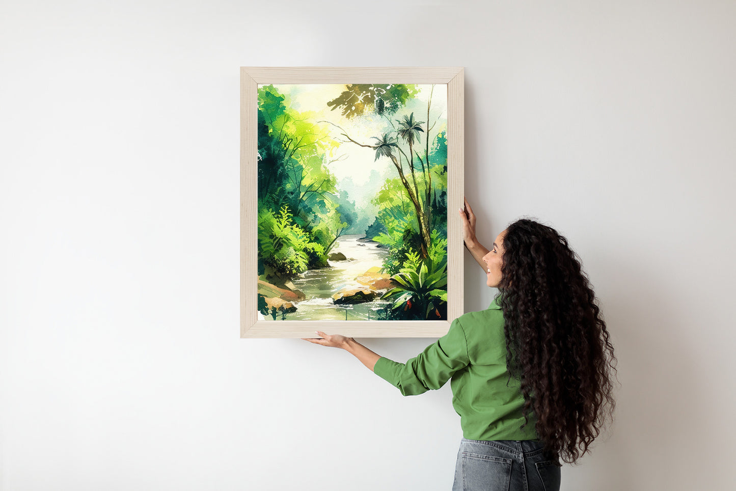 Poster Dschungel Aus Palmen Und Fluss Rahmen Holz Mit Passepartout Farbe Natürlich