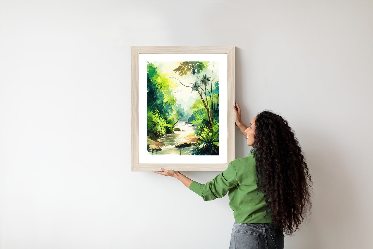 Poster Dschungel Aus Palmen Und Fluss Rahmen Holz Mit Passepartout Farbe Natürlich