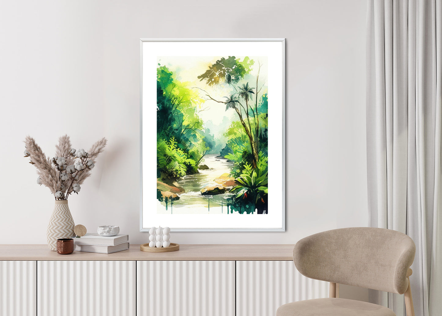 Poster Dschungel Aus Palmen Und Fluss Rahmen Holz Mit Passepartout Farbe Natürlich