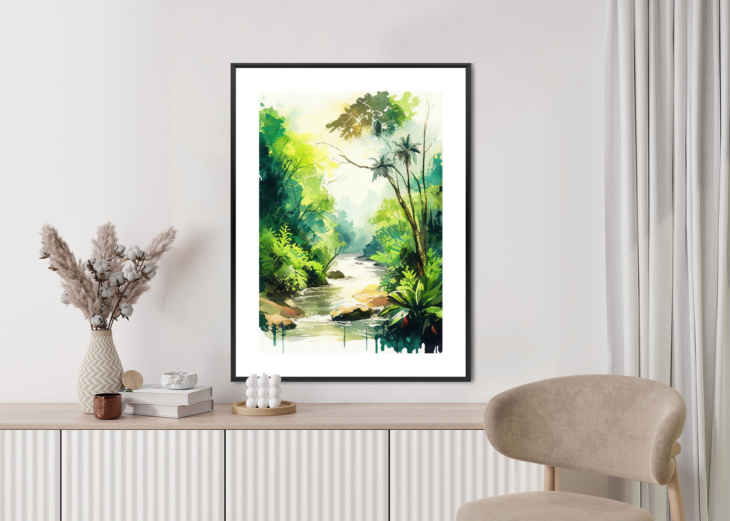 Poster Dschungel Aus Palmen Und Fluss Rahmen Holz Mit Passepartout Farbe Natürlich