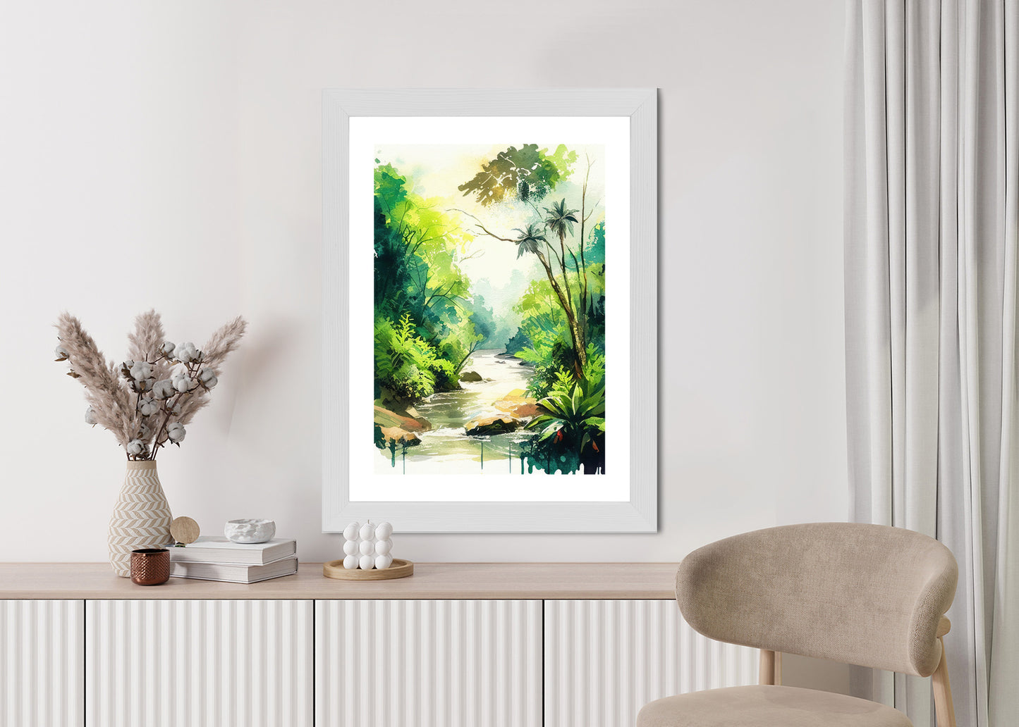 Poster Dschungel Aus Palmen Und Fluss Rahmen Holz Mit Passepartout Farbe Natürlich