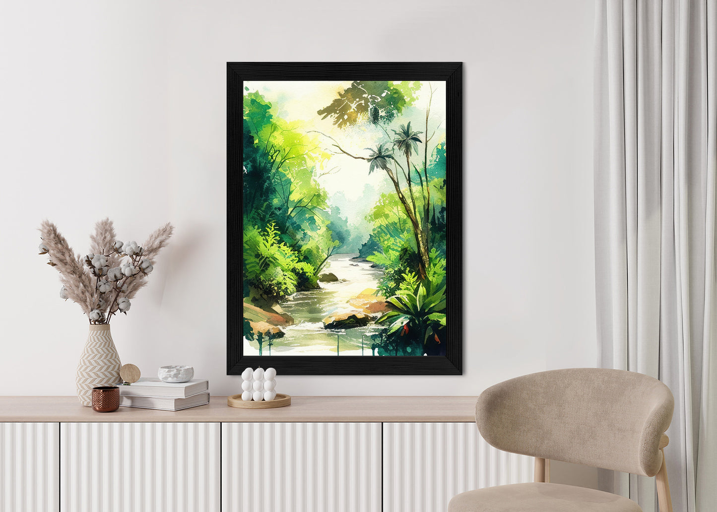 Poster Dschungel Aus Palmen Und Fluss Rahmen Holz Mit Passepartout Farbe Natürlich