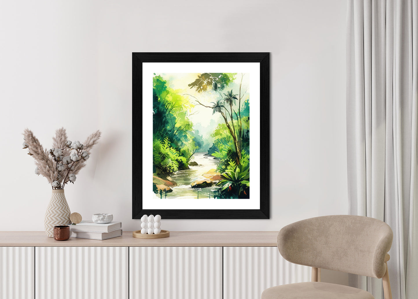 Poster Dschungel Aus Palmen Und Fluss Rahmen Holz Mit Passepartout Farbe Natürlich