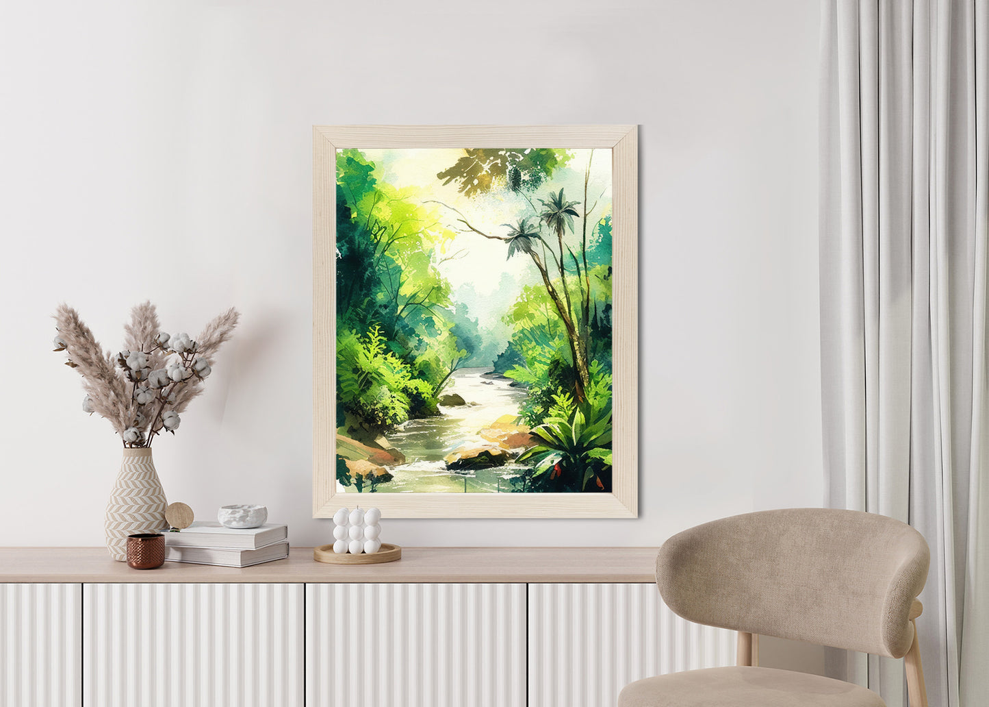 Poster Dschungel Aus Palmen Und Fluss Rahmen Holz Mit Passepartout Farbe Natürlich