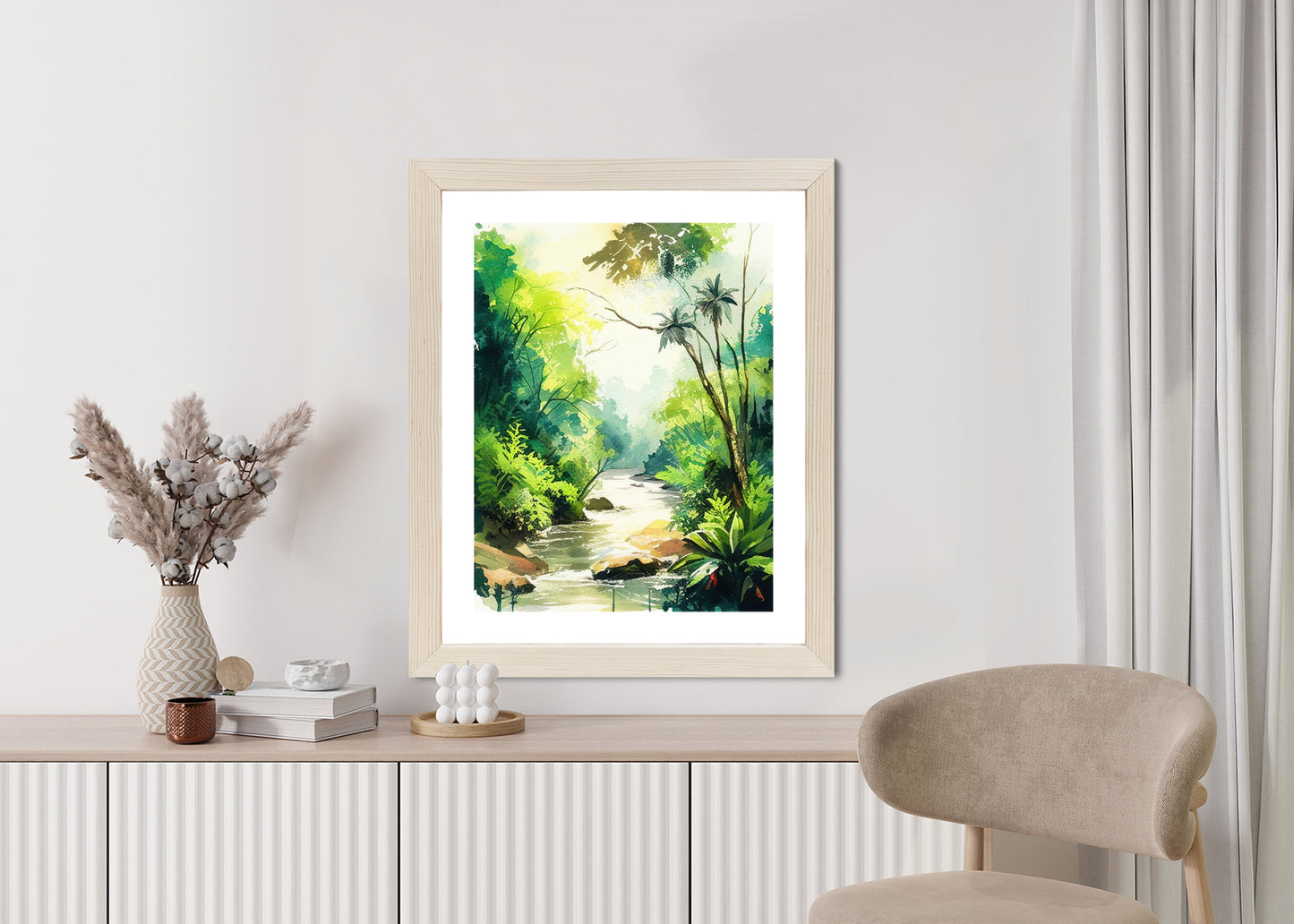 Poster Dschungel Aus Palmen Und Fluss Rahmen Holz Mit Passepartout Farbe Natürlich
