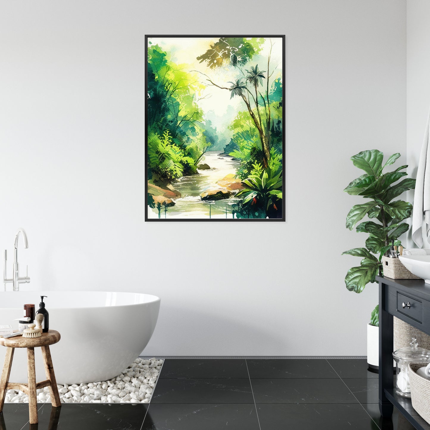 Poster Dschungel Aus Palmen Und Fluss Rahmen Holz Mit Passepartout Farbe Natürlich