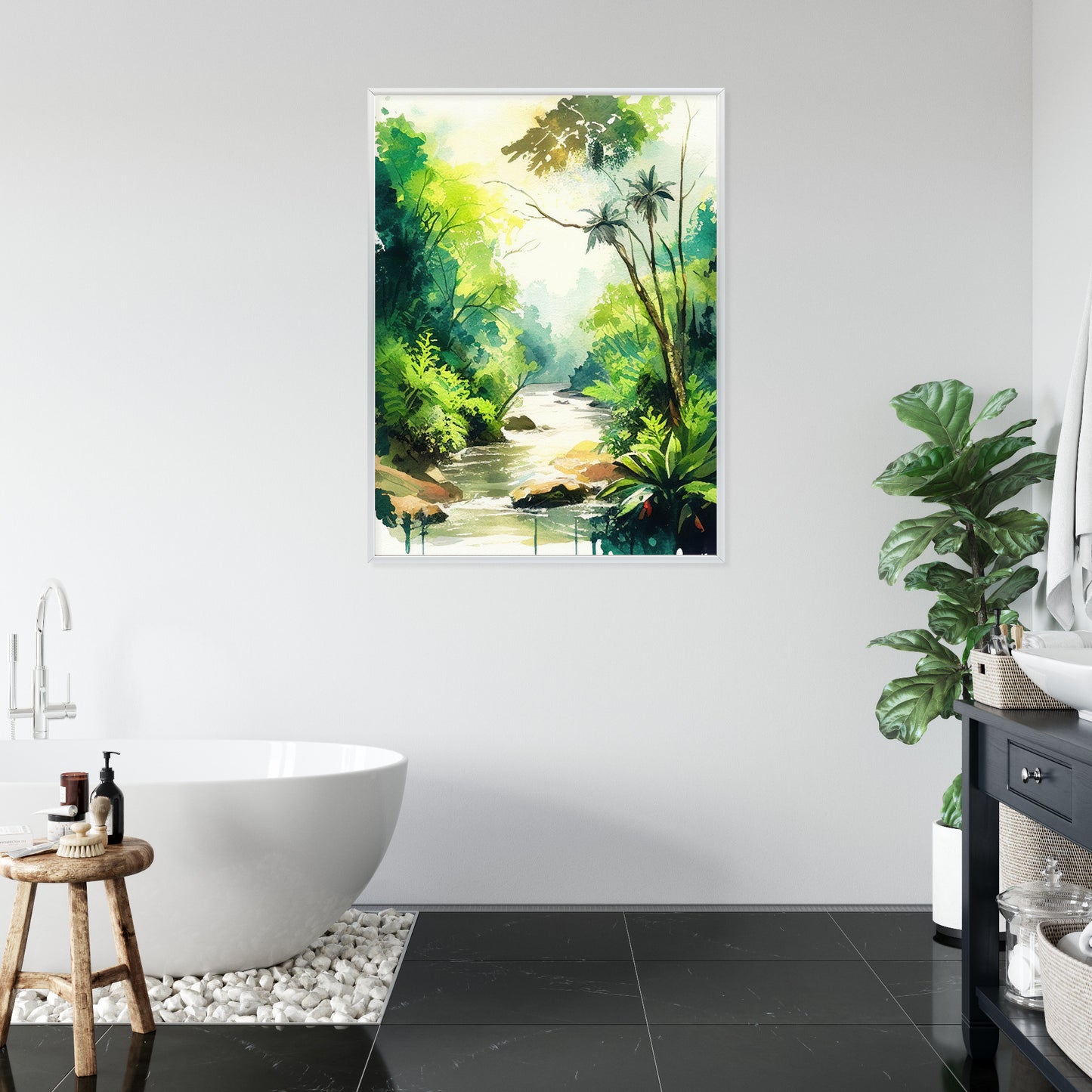 Poster Dschungel Aus Palmen Und Fluss Rahmen Holz Mit Passepartout Farbe Natürlich