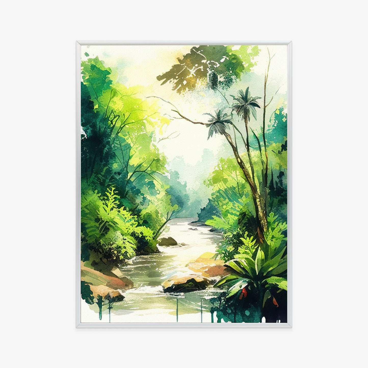 Poster Dschungel Aus Palmen Und Fluss Rahmen Holz Mit Passepartout Farbe Natürlich