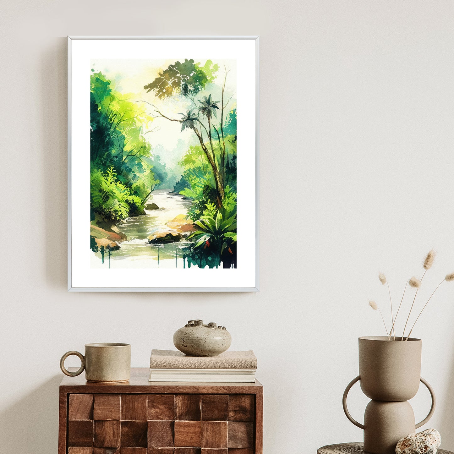 Poster Dschungel Aus Palmen Und Fluss Rahmen Holz Mit Passepartout Farbe Natürlich