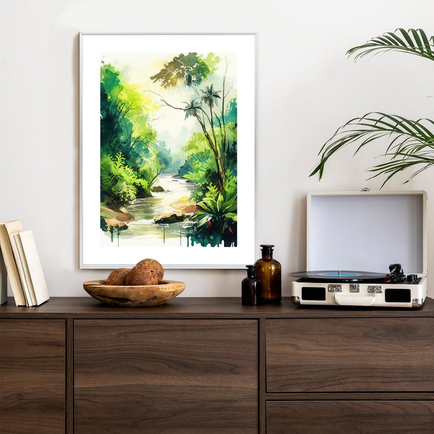 Poster Dschungel Aus Palmen Und Fluss Rahmen Holz Mit Passepartout Farbe Natürlich