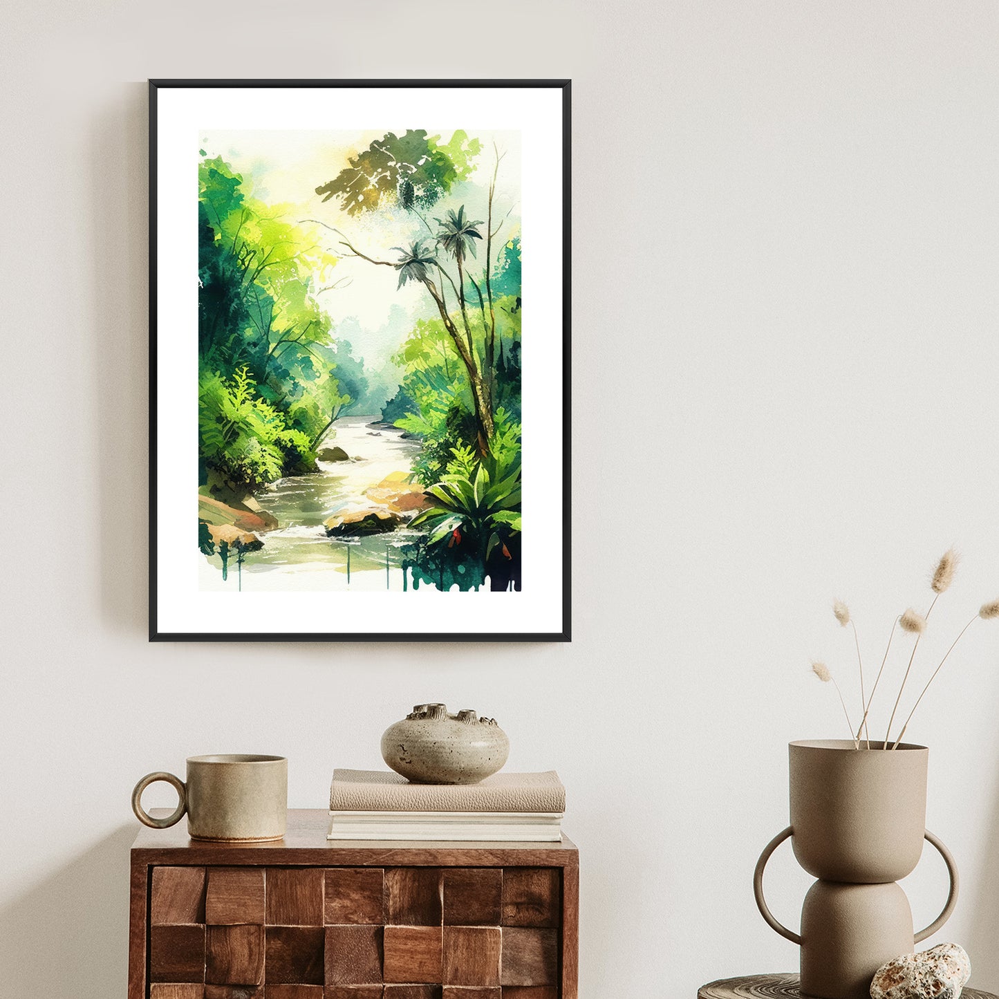 Poster Dschungel Aus Palmen Und Fluss Rahmen Holz Mit Passepartout Farbe Natürlich