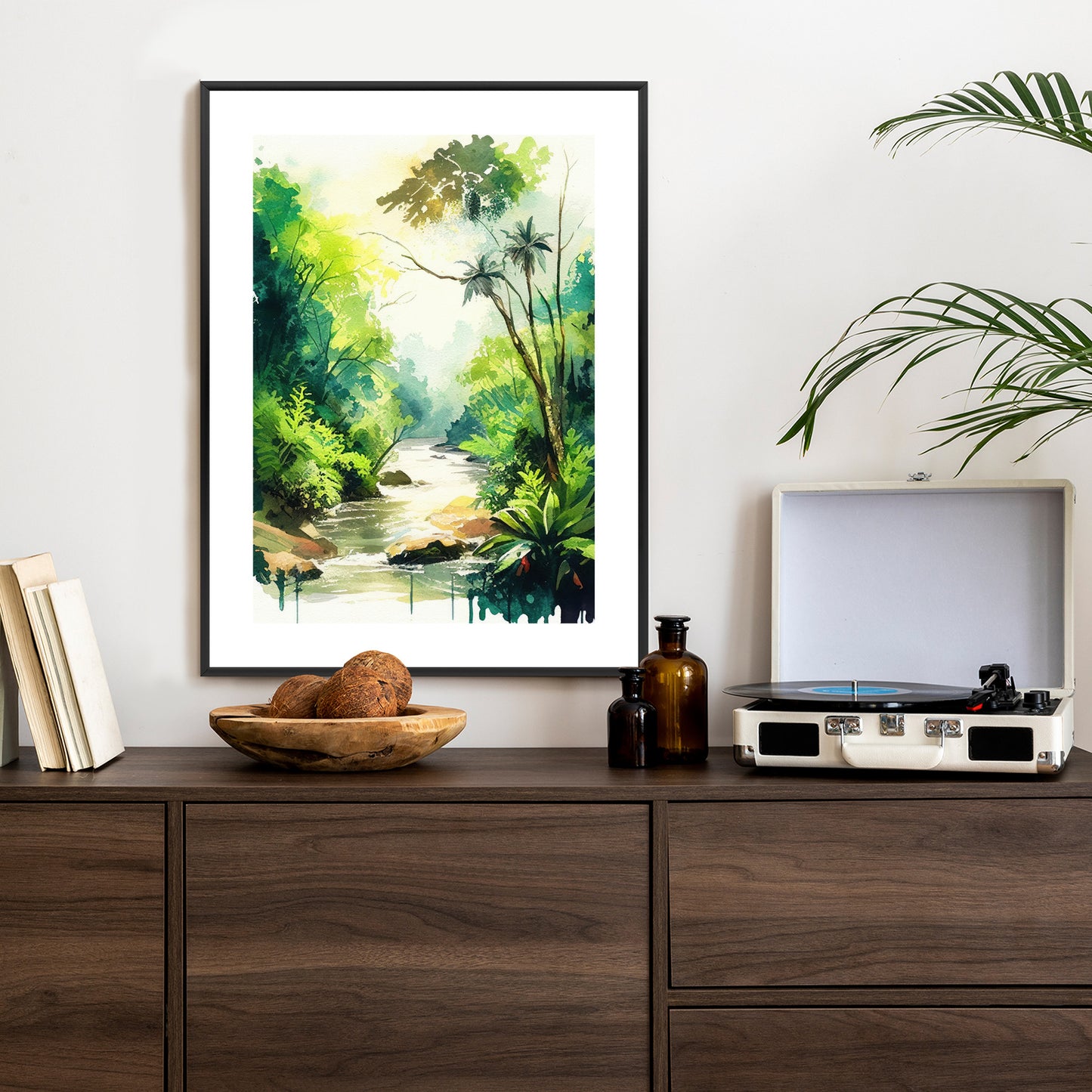 Poster Dschungel Aus Palmen Und Fluss Rahmen Holz Mit Passepartout Farbe Natürlich