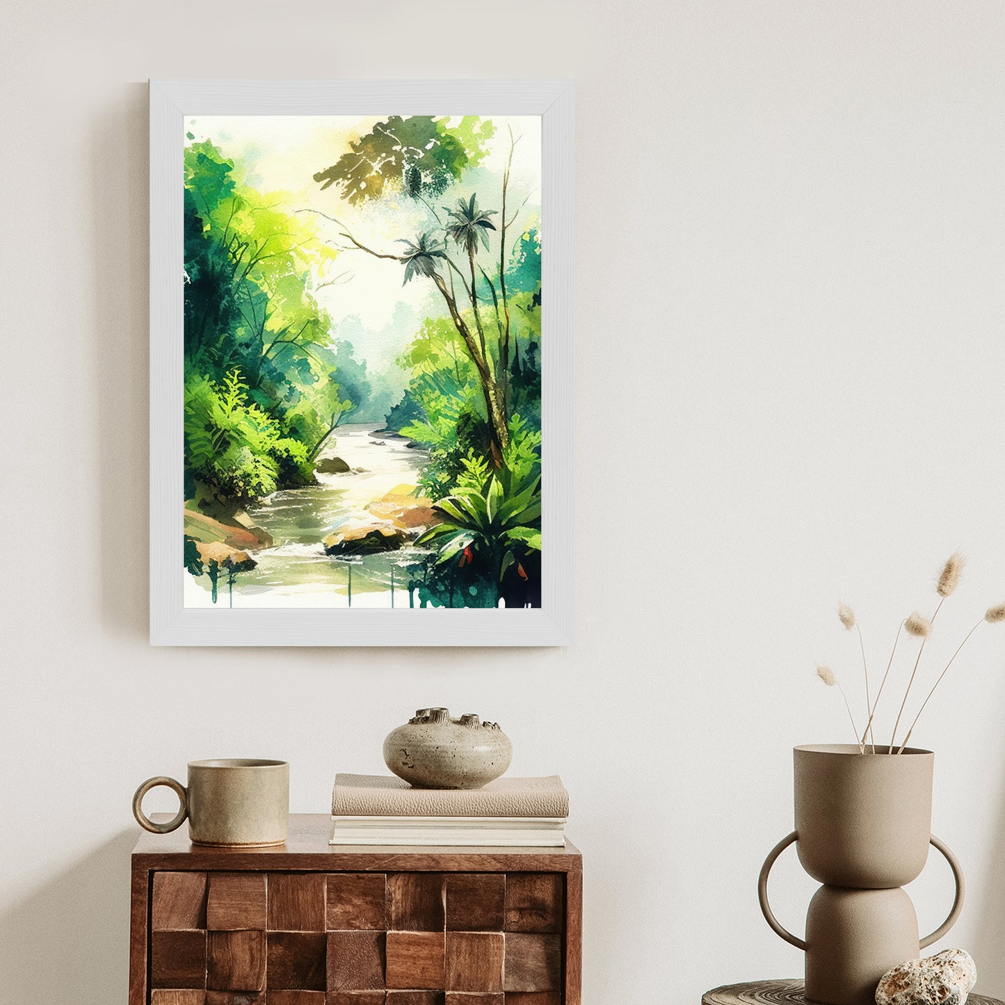 Poster Dschungel Aus Palmen Und Fluss Rahmen Holz Mit Passepartout Farbe Natürlich