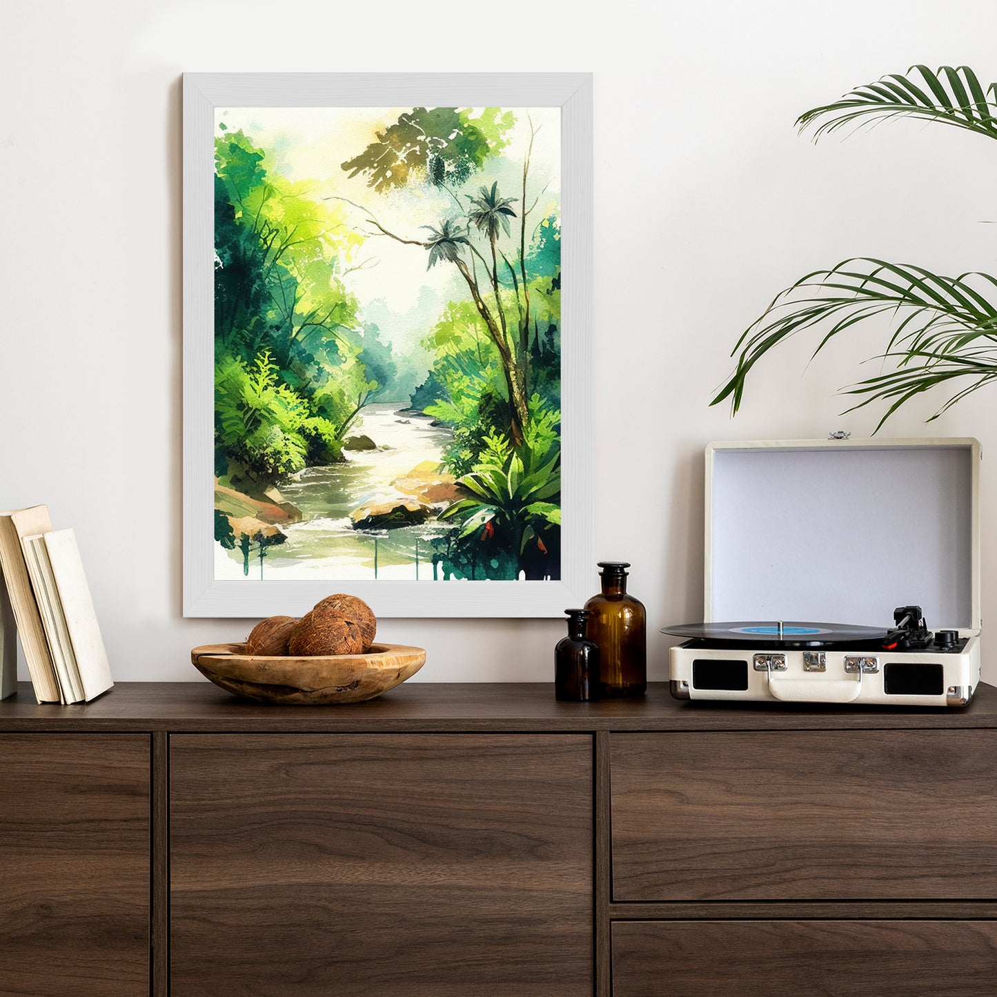 Poster Dschungel Aus Palmen Und Fluss Rahmen Holz Mit Passepartout Farbe Natürlich