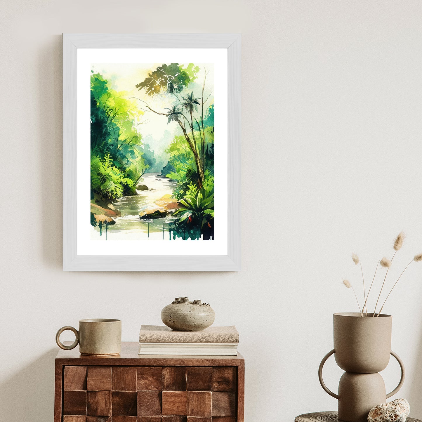 Poster Dschungel Aus Palmen Und Fluss Rahmen Holz Mit Passepartout Farbe Natürlich