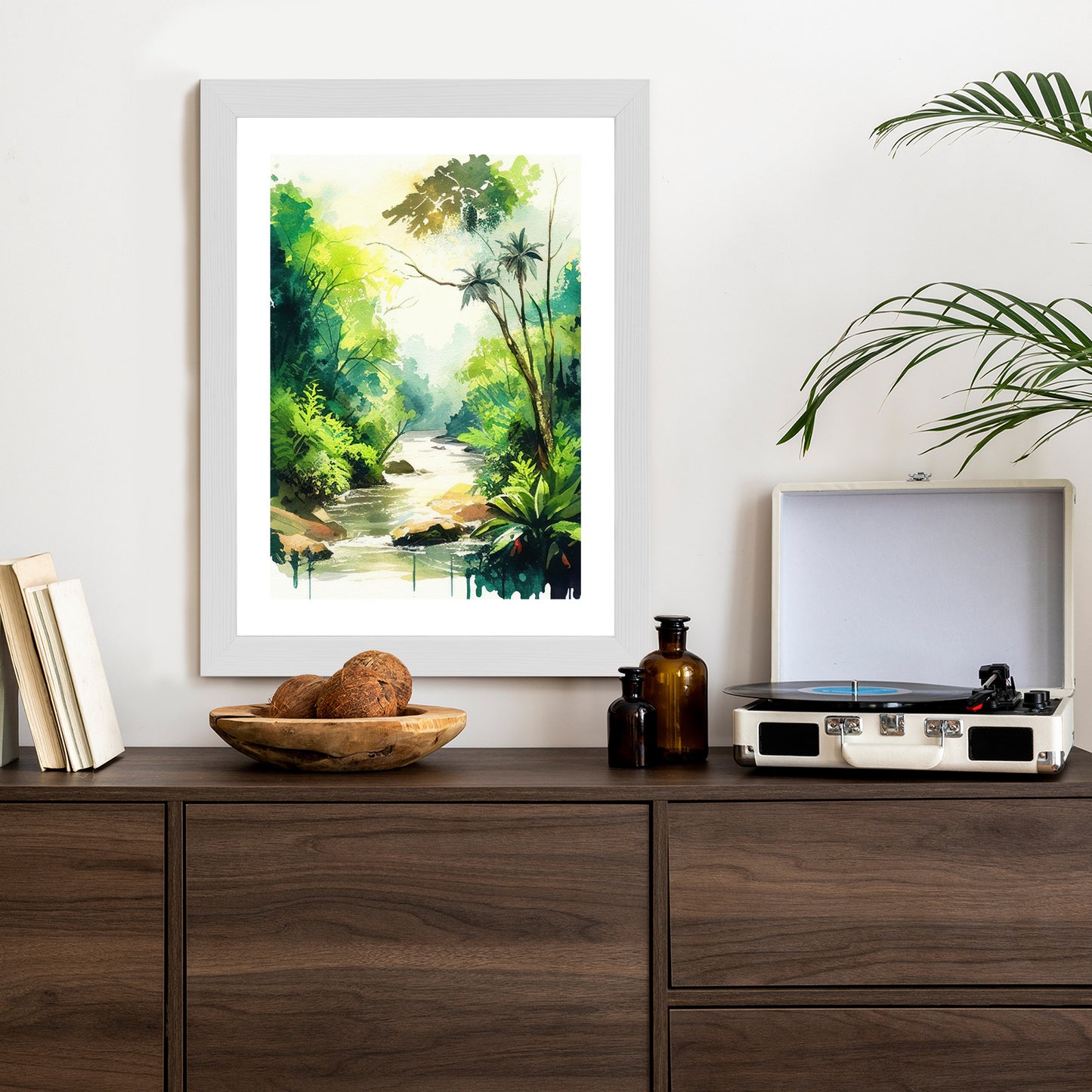 Poster Dschungel Aus Palmen Und Fluss Rahmen Holz Mit Passepartout Farbe Natürlich
