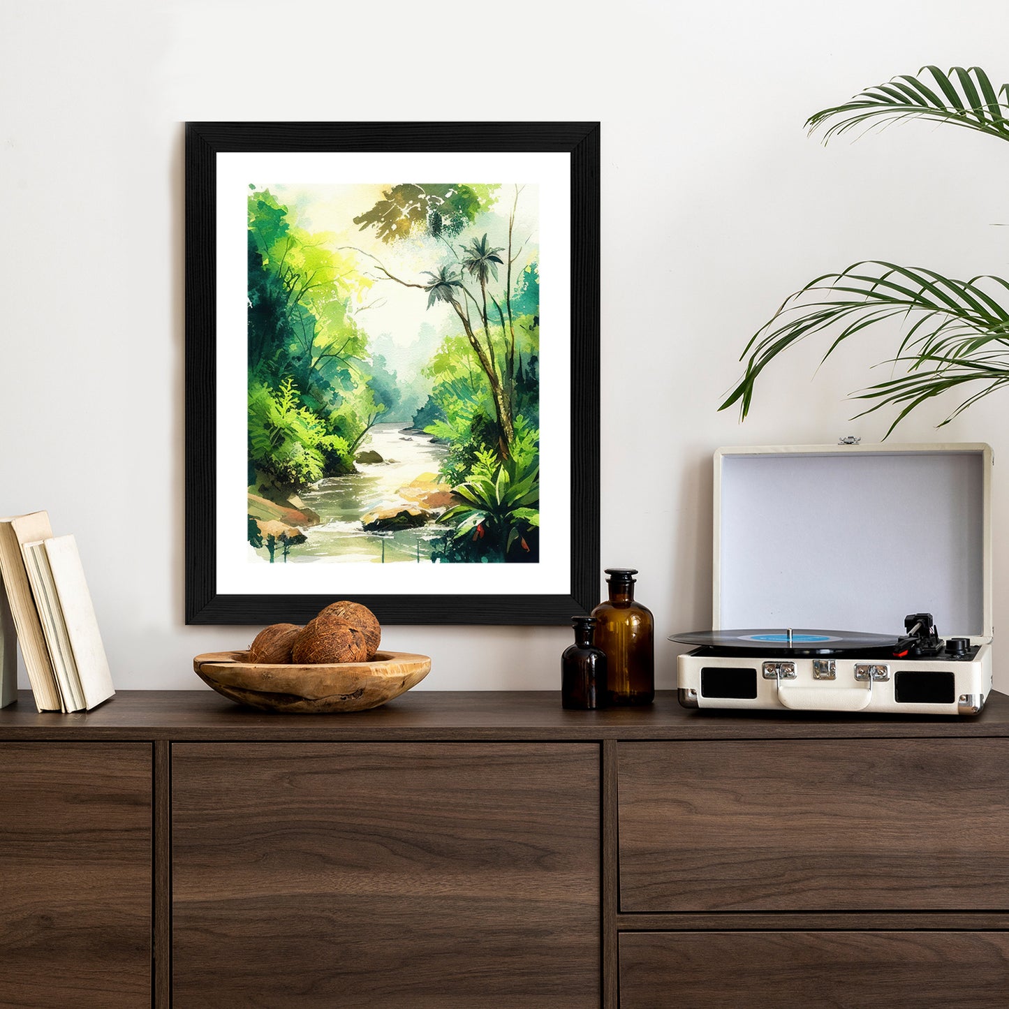 Poster Dschungel Aus Palmen Und Fluss Rahmen Holz Mit Passepartout Farbe Natürlich