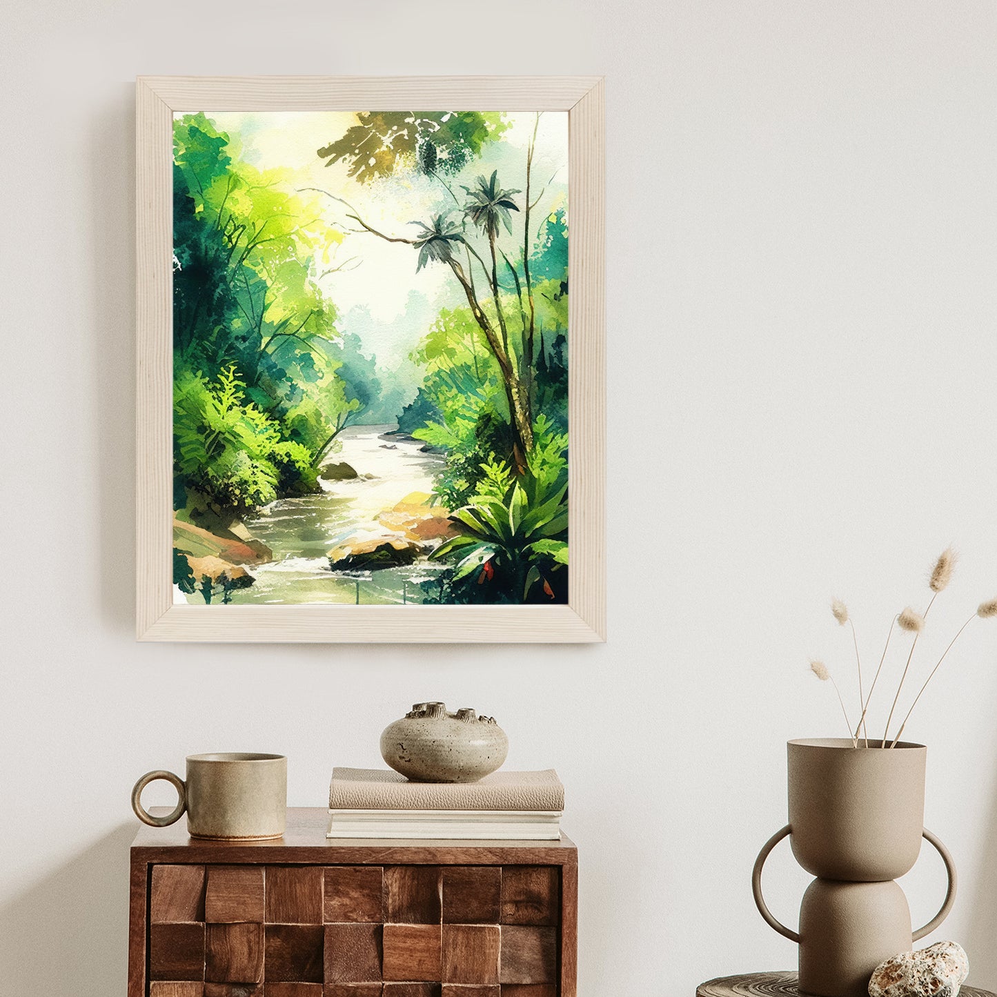 Poster Dschungel Aus Palmen Und Fluss Rahmen Holz Mit Passepartout Farbe Natürlich