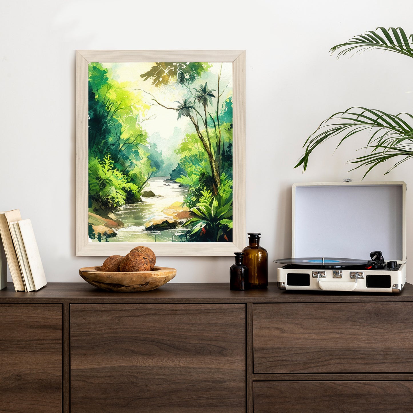 Poster Dschungel Aus Palmen Und Fluss Rahmen Holz Mit Passepartout Farbe Natürlich
