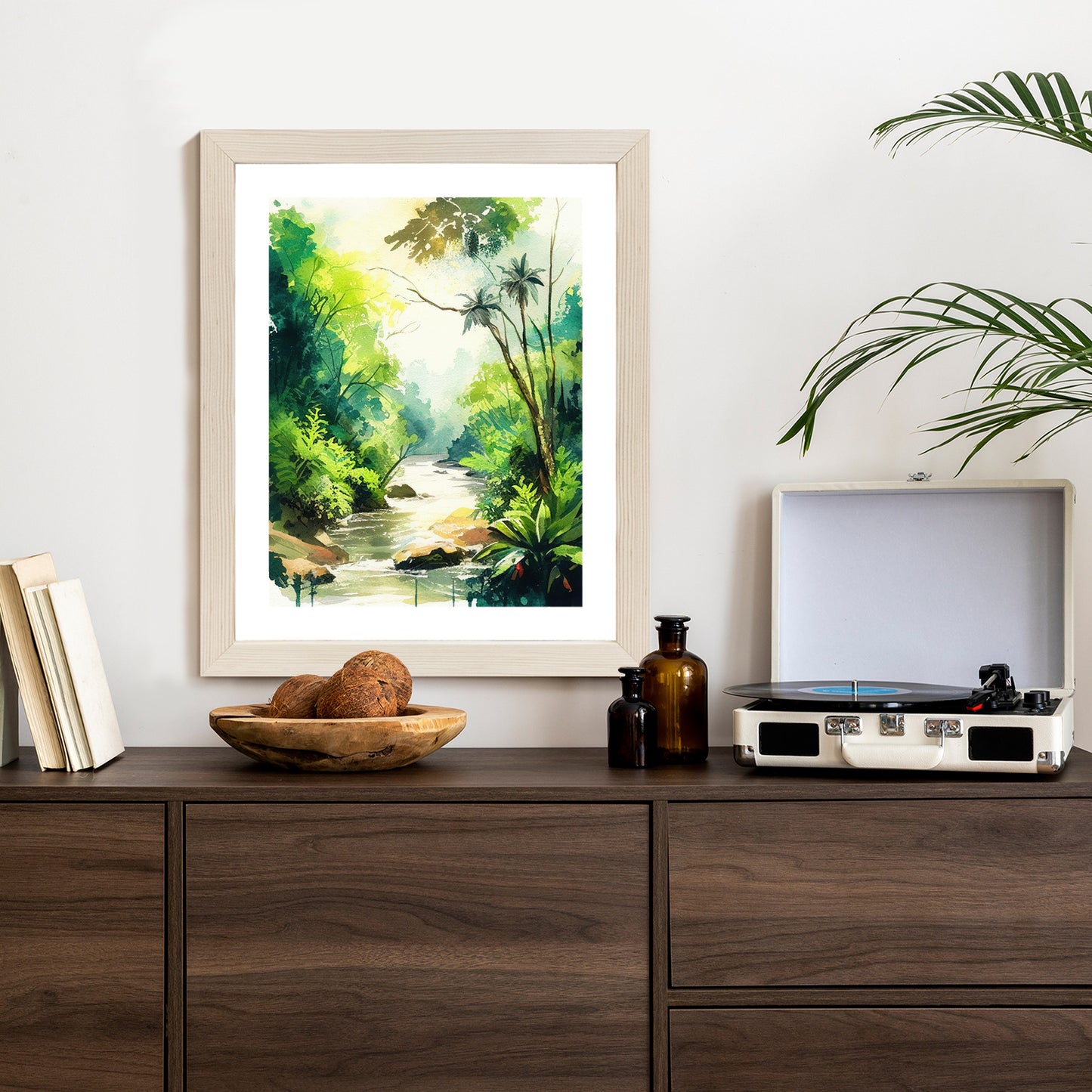Poster Dschungel Aus Palmen Und Fluss Rahmen Holz Mit Passepartout Farbe Natürlich