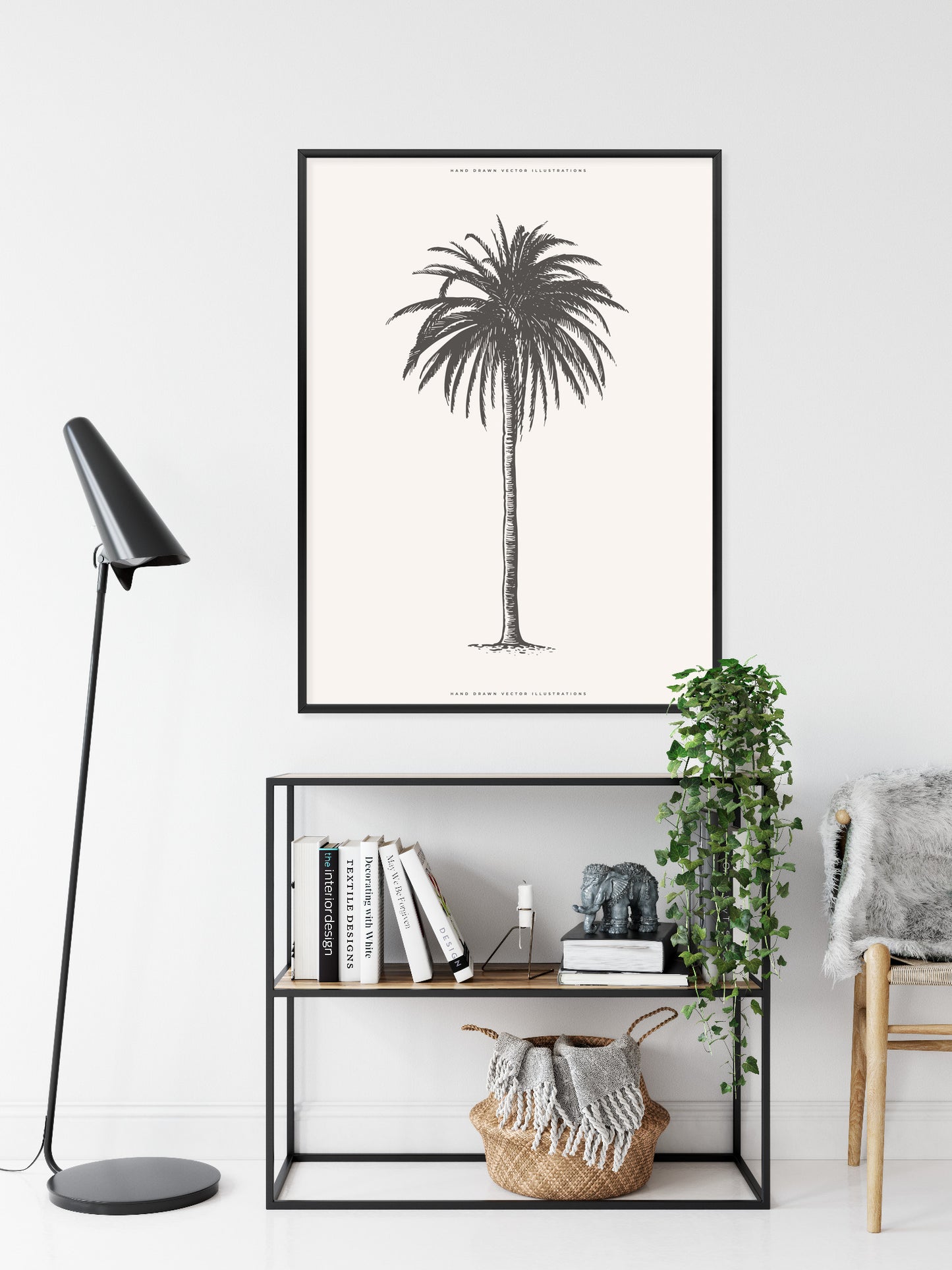 Poster Graue Vintage-Palmenillustration Rahmen Holz Mit Passepartout Farbe Natürlich