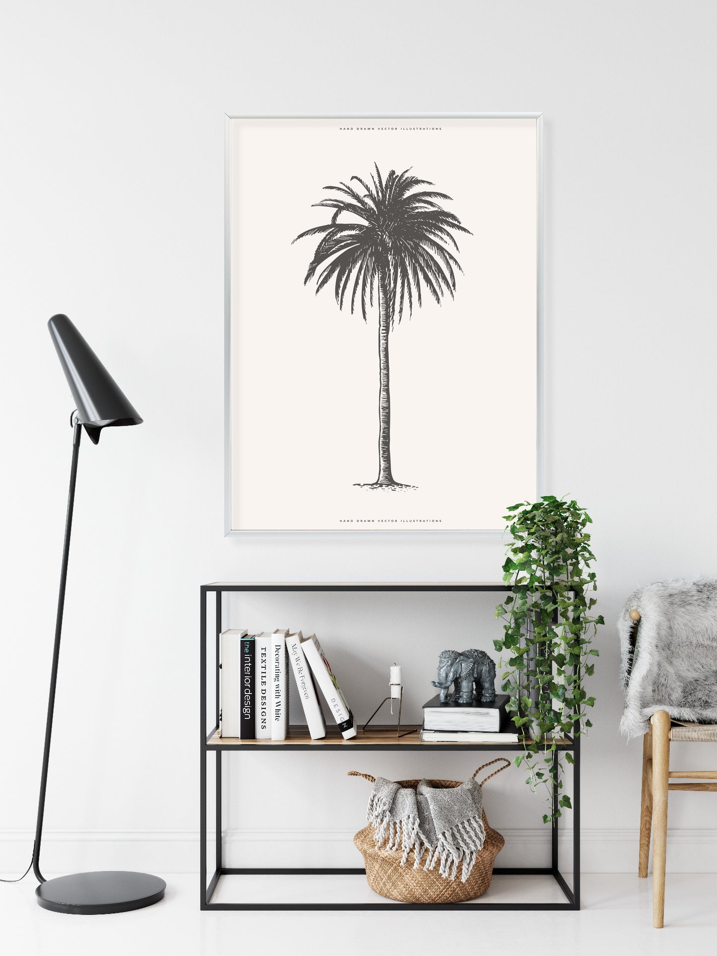 Poster Graue Vintage-Palmenillustration Rahmen Holz Mit Passepartout Farbe Natürlich