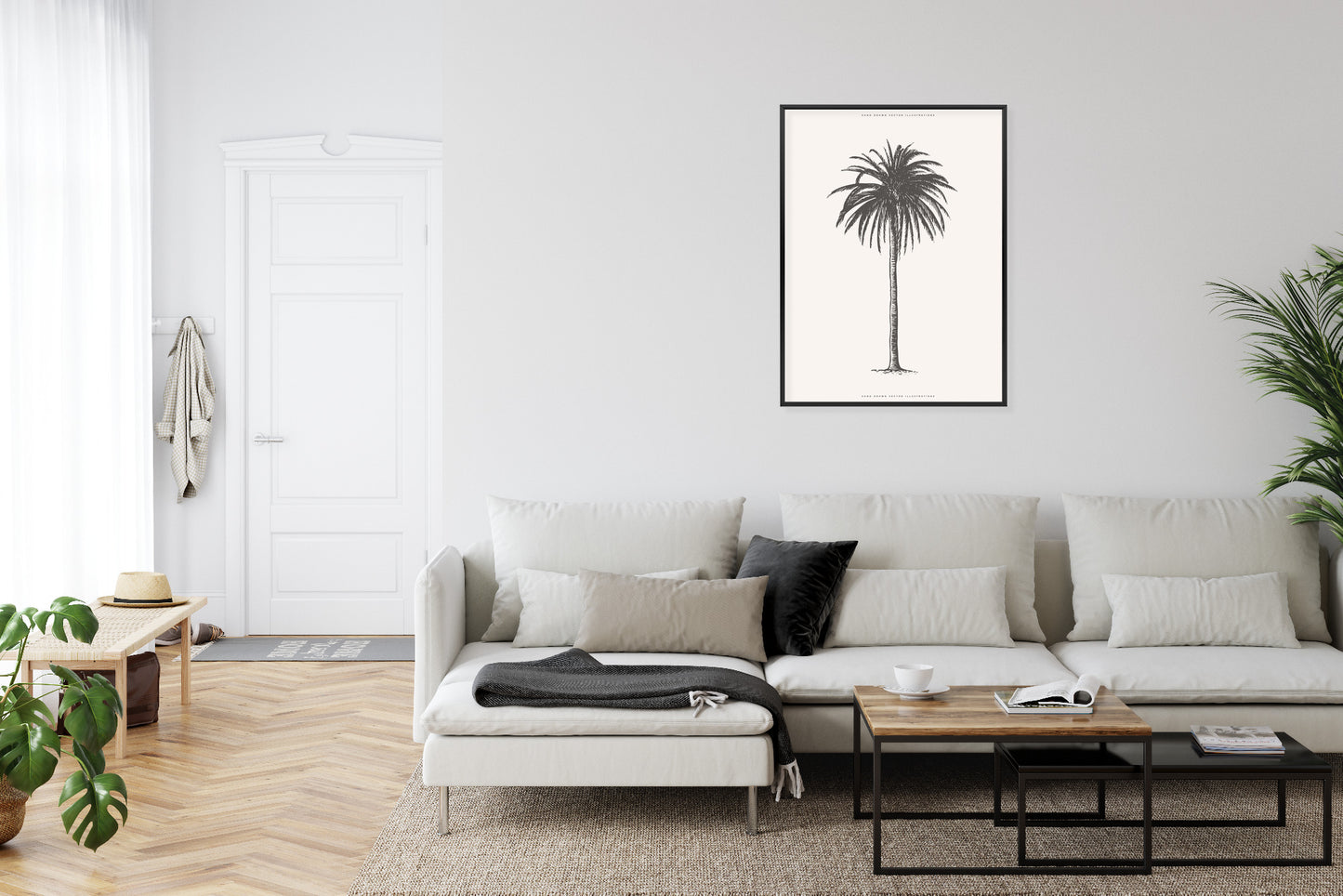 Poster Graue Vintage-Palmenillustration Rahmen Holz Mit Passepartout Farbe Natürlich