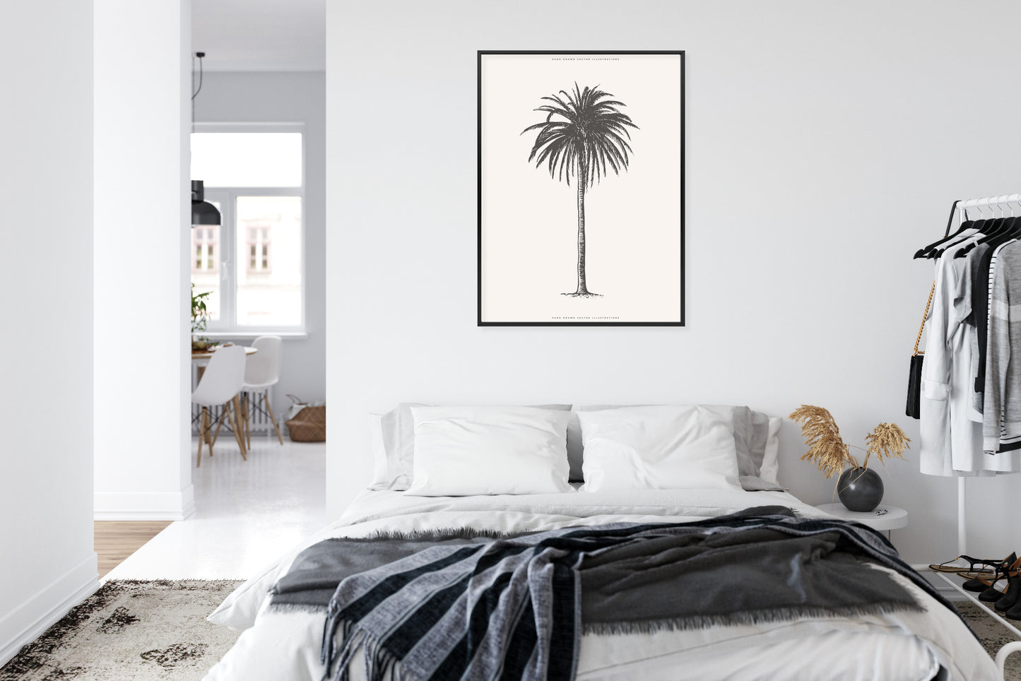 Poster Graue Vintage-Palmenillustration Rahmen Holz Mit Passepartout Farbe Natürlich