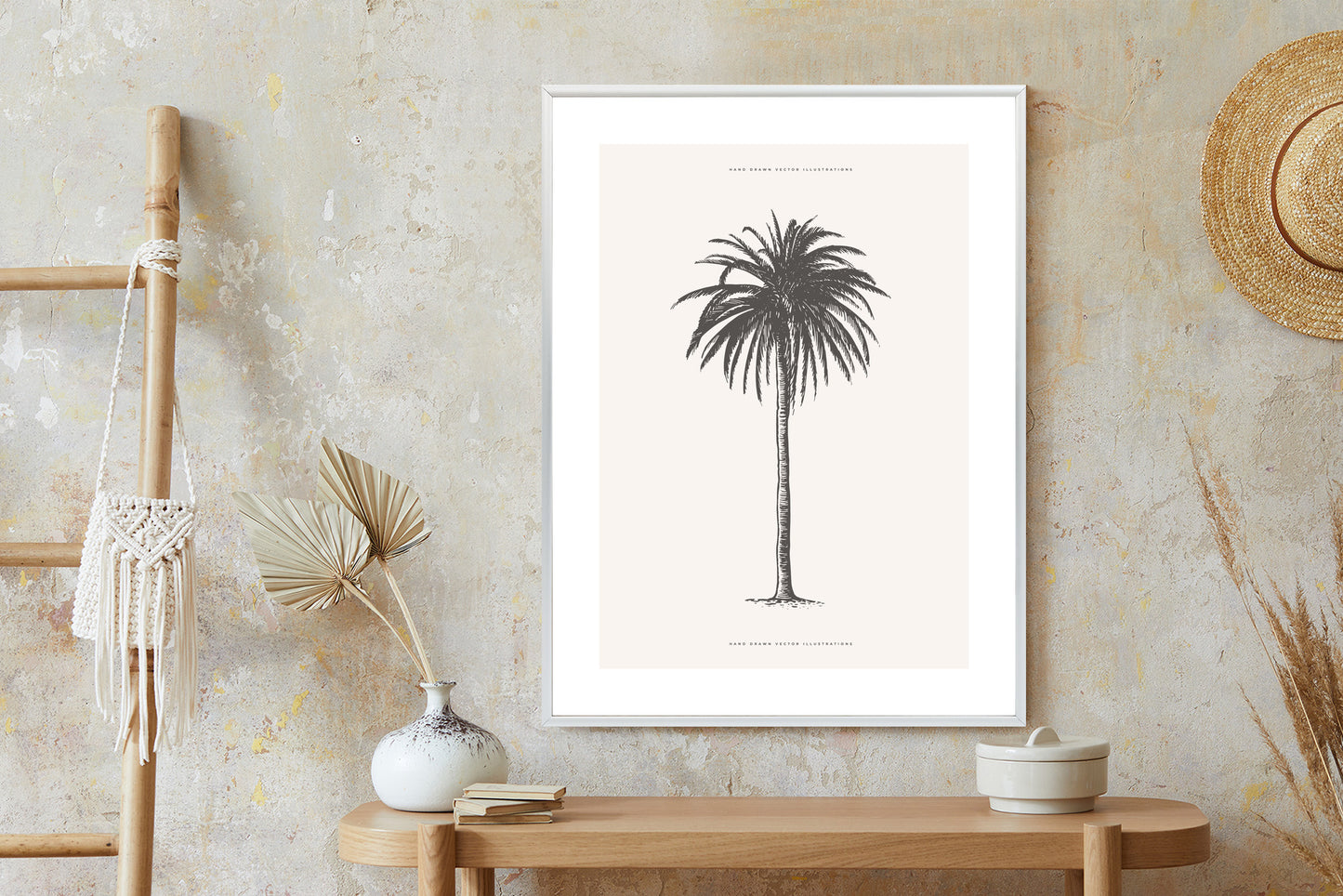 Poster Graue Vintage-Palmenillustration Rahmen Holz Mit Passepartout Farbe Natürlich