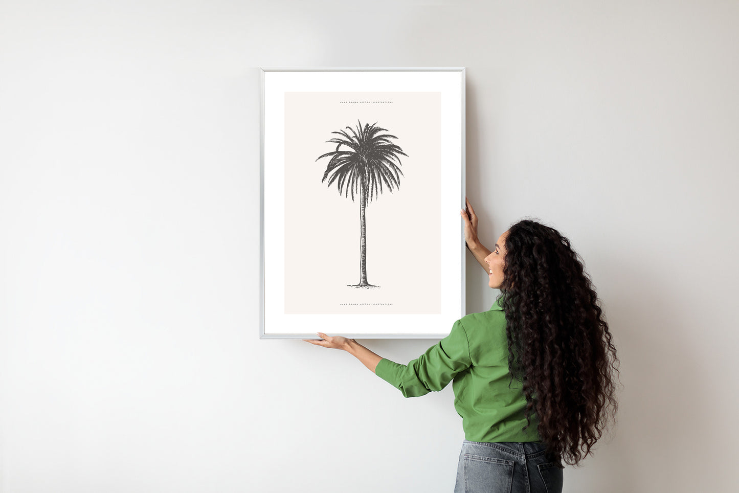 Poster Graue Vintage-Palmenillustration Rahmen Holz Mit Passepartout Farbe Natürlich
