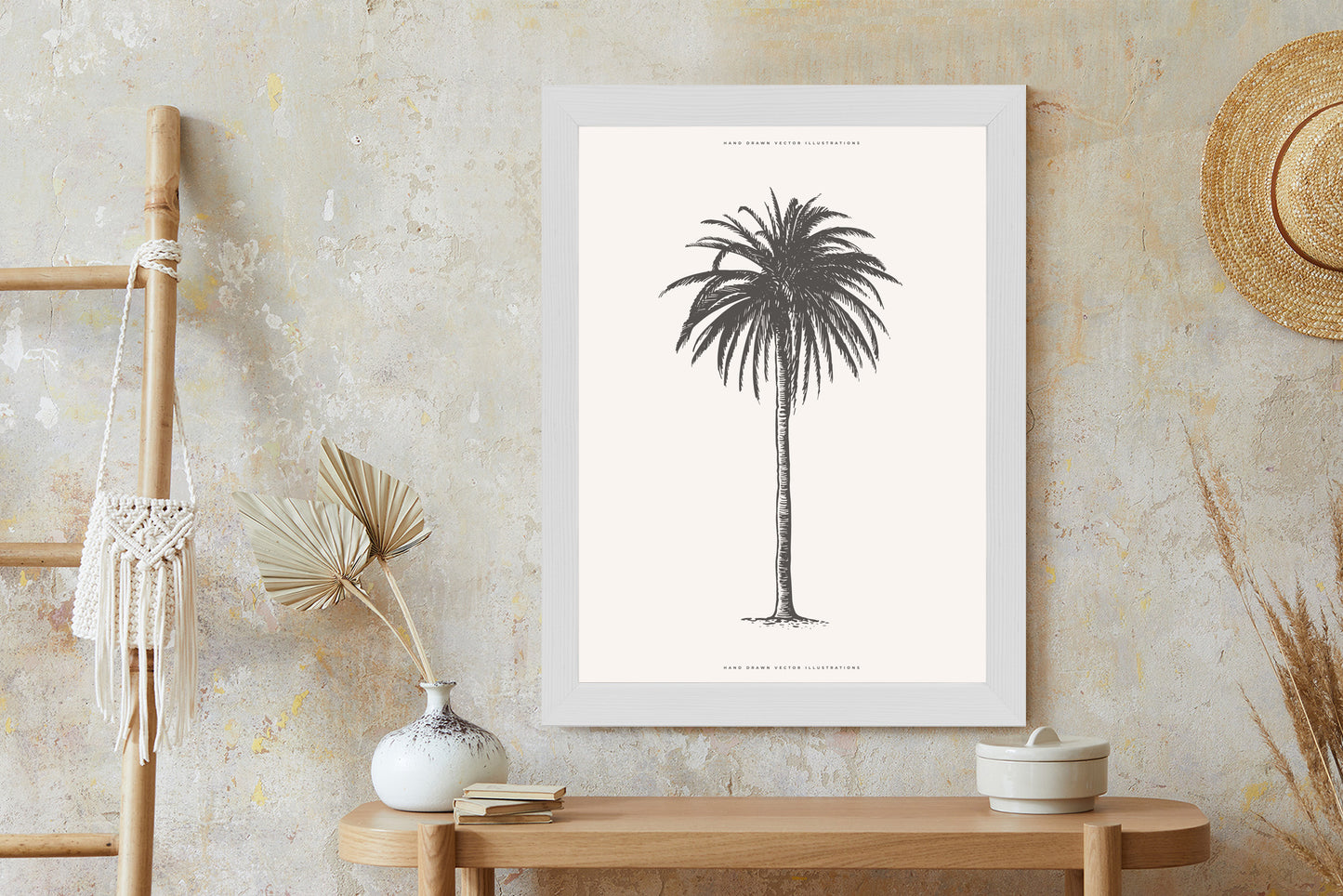 Poster Graue Vintage-Palmenillustration Rahmen Holz Mit Passepartout Farbe Natürlich