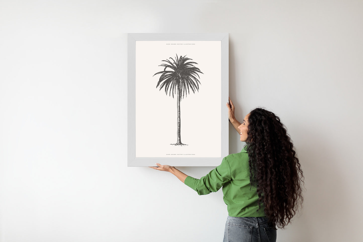 Poster Graue Vintage-Palmenillustration Rahmen Holz Mit Passepartout Farbe Natürlich