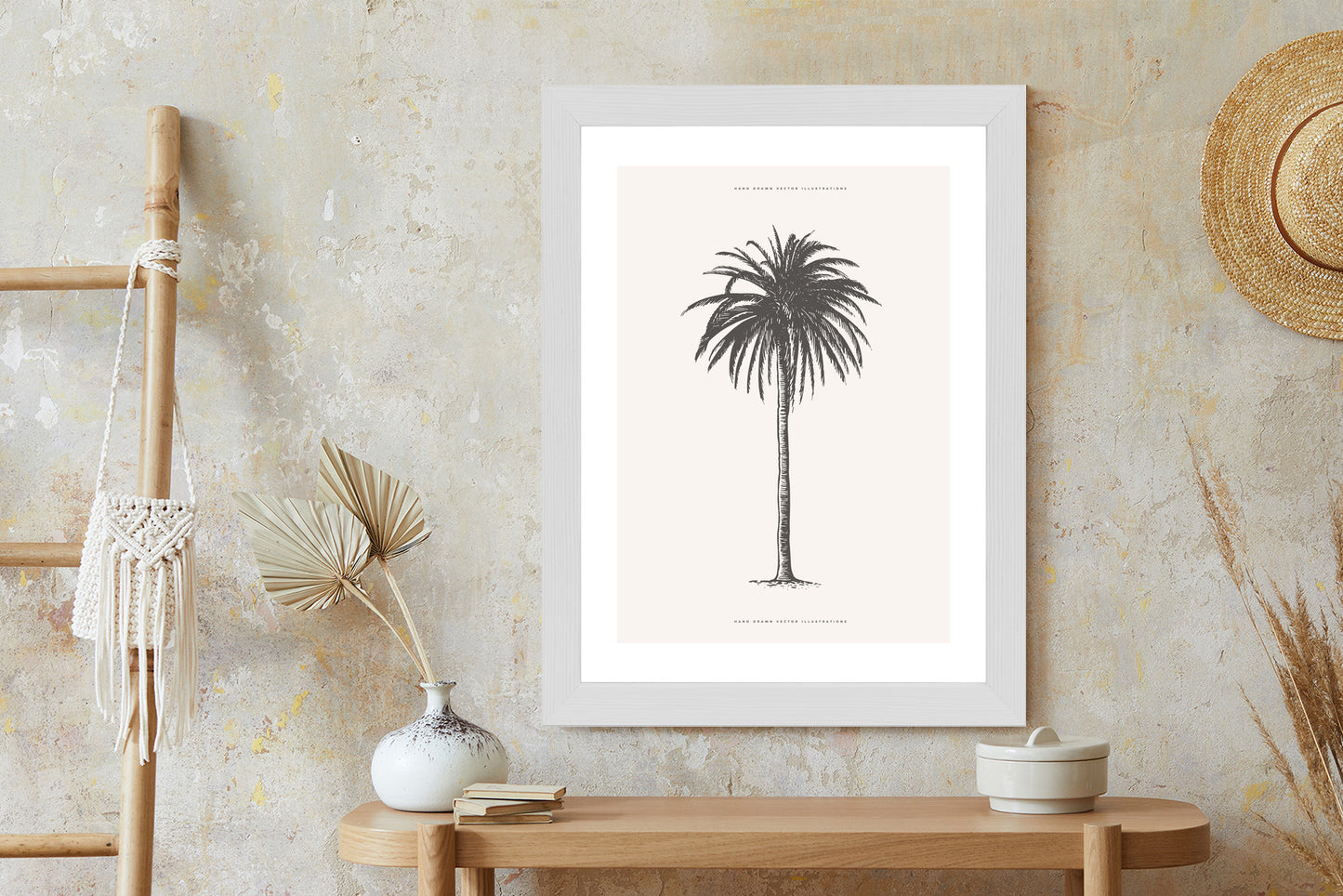 Poster Graue Vintage-Palmenillustration Rahmen Holz Mit Passepartout Farbe Natürlich