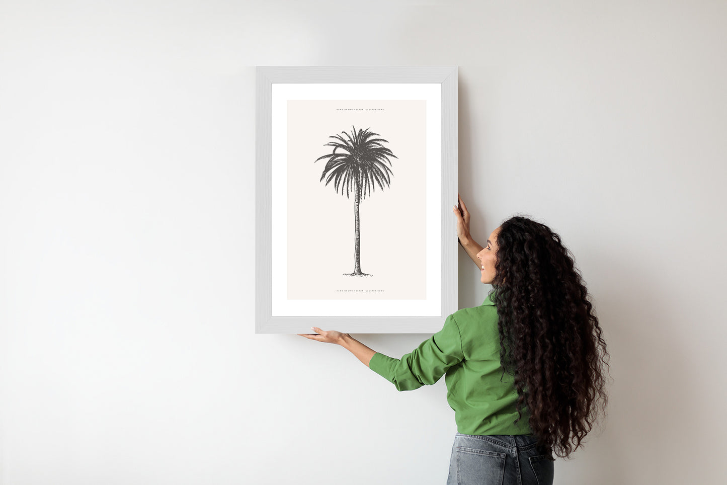 Poster Graue Vintage-Palmenillustration Rahmen Holz Mit Passepartout Farbe Natürlich