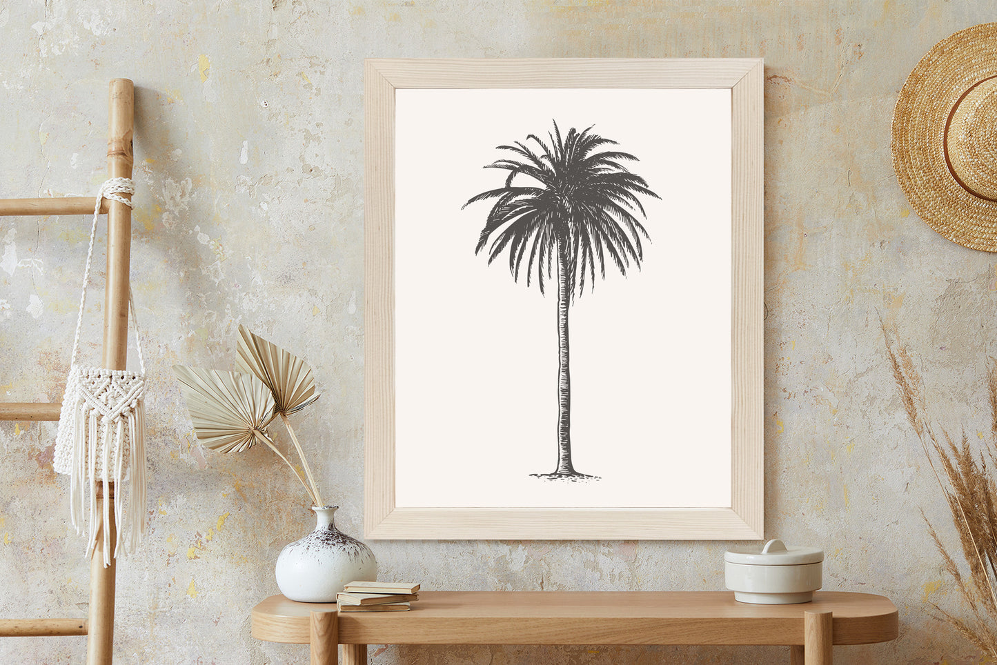 Poster Graue Vintage-Palmenillustration Rahmen Holz Mit Passepartout Farbe Natürlich
