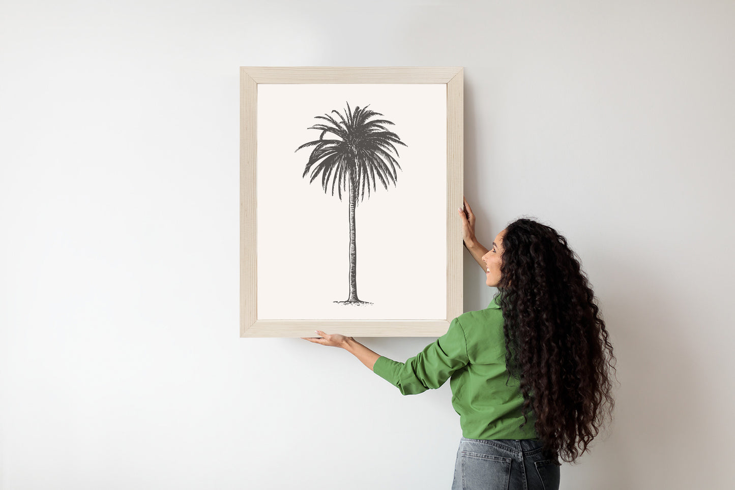 Poster Graue Vintage-Palmenillustration Rahmen Holz Mit Passepartout Farbe Natürlich