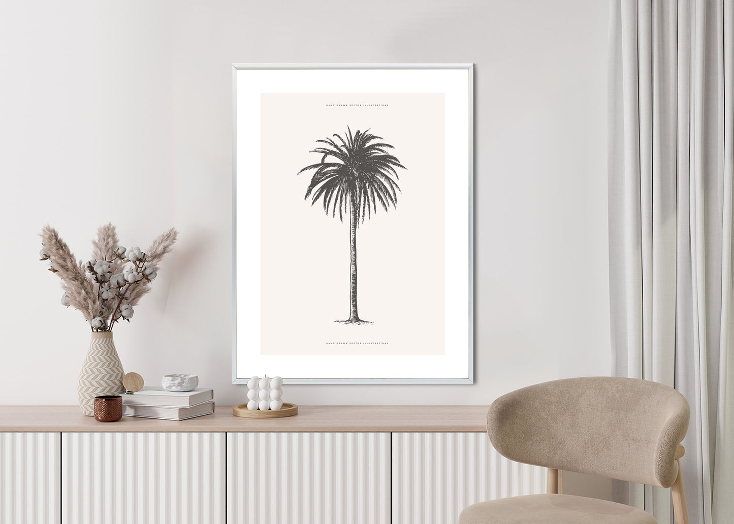 Poster Graue Vintage-Palmenillustration Rahmen Holz Mit Passepartout Farbe Natürlich