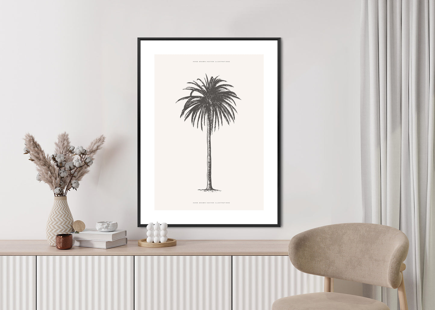Poster Graue Vintage-Palmenillustration Rahmen Holz Mit Passepartout Farbe Natürlich