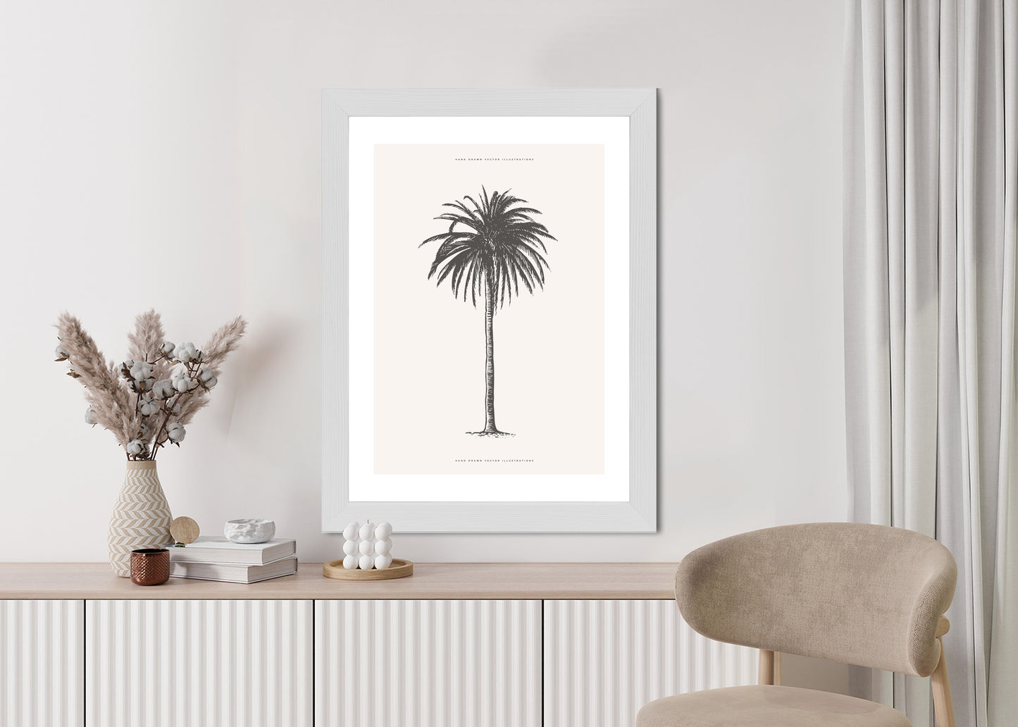 Poster Graue Vintage-Palmenillustration Rahmen Holz Mit Passepartout Farbe Natürlich