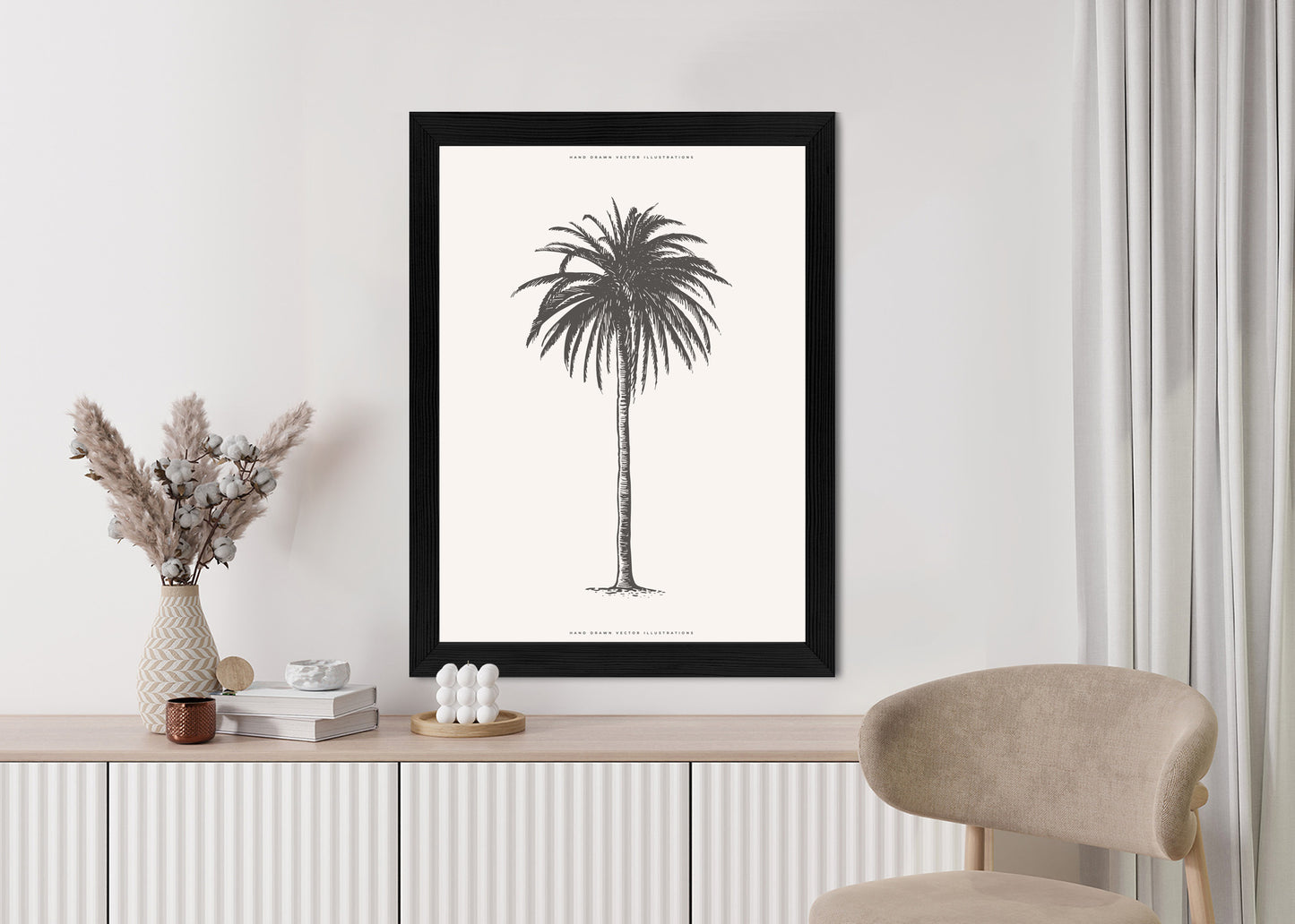 Poster Graue Vintage-Palmenillustration Rahmen Holz Mit Passepartout Farbe Natürlich