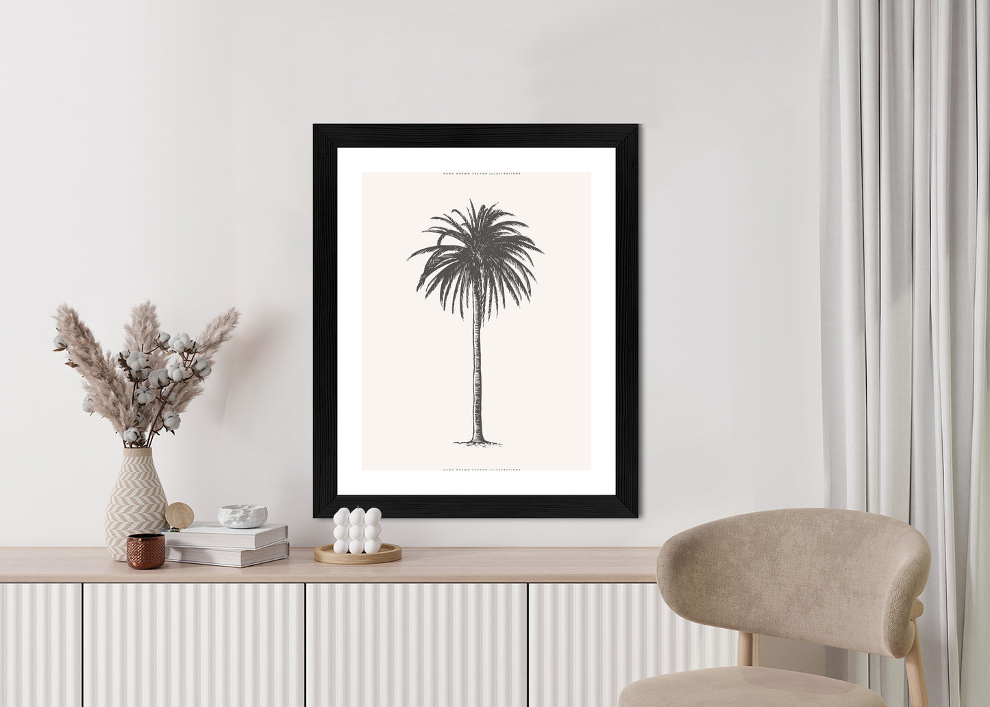 Poster Graue Vintage-Palmenillustration Rahmen Holz Mit Passepartout Farbe Natürlich