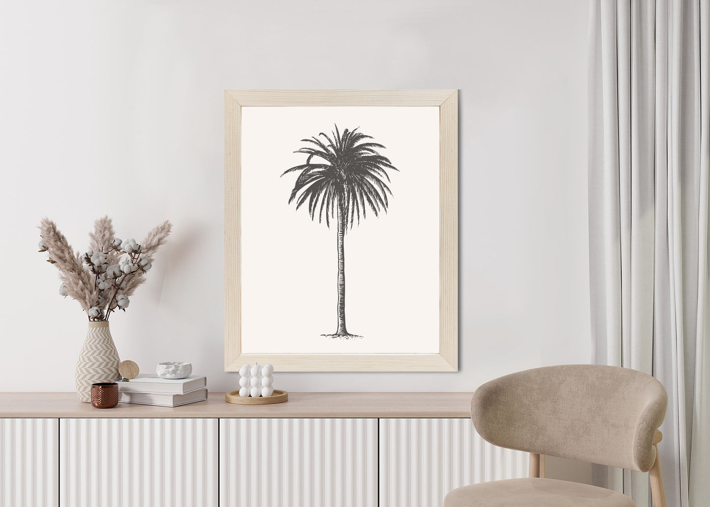 Poster Graue Vintage-Palmenillustration Rahmen Holz Mit Passepartout Farbe Natürlich