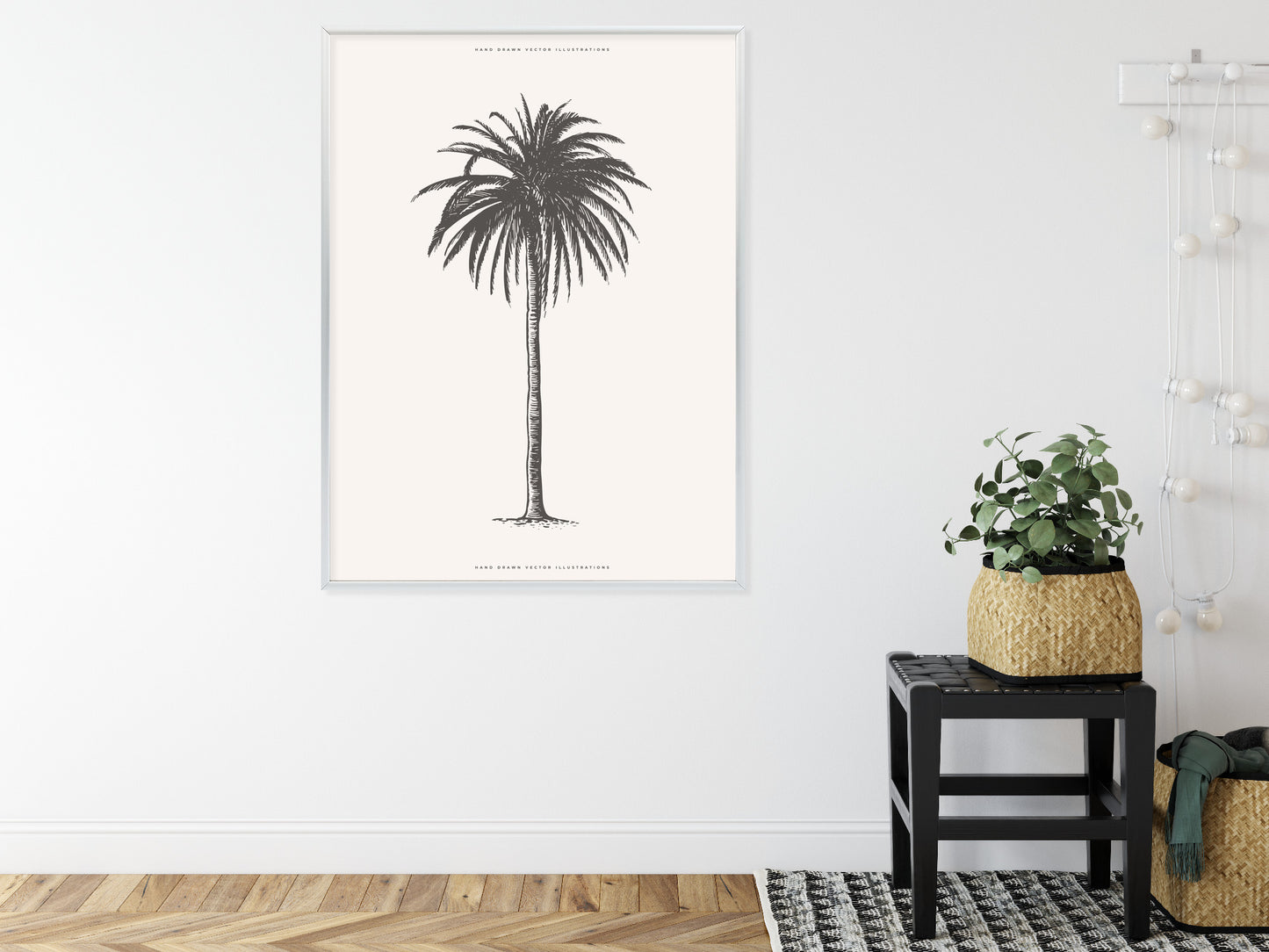 Poster Graue Vintage-Palmenillustration Rahmen Holz Mit Passepartout Farbe Natürlich