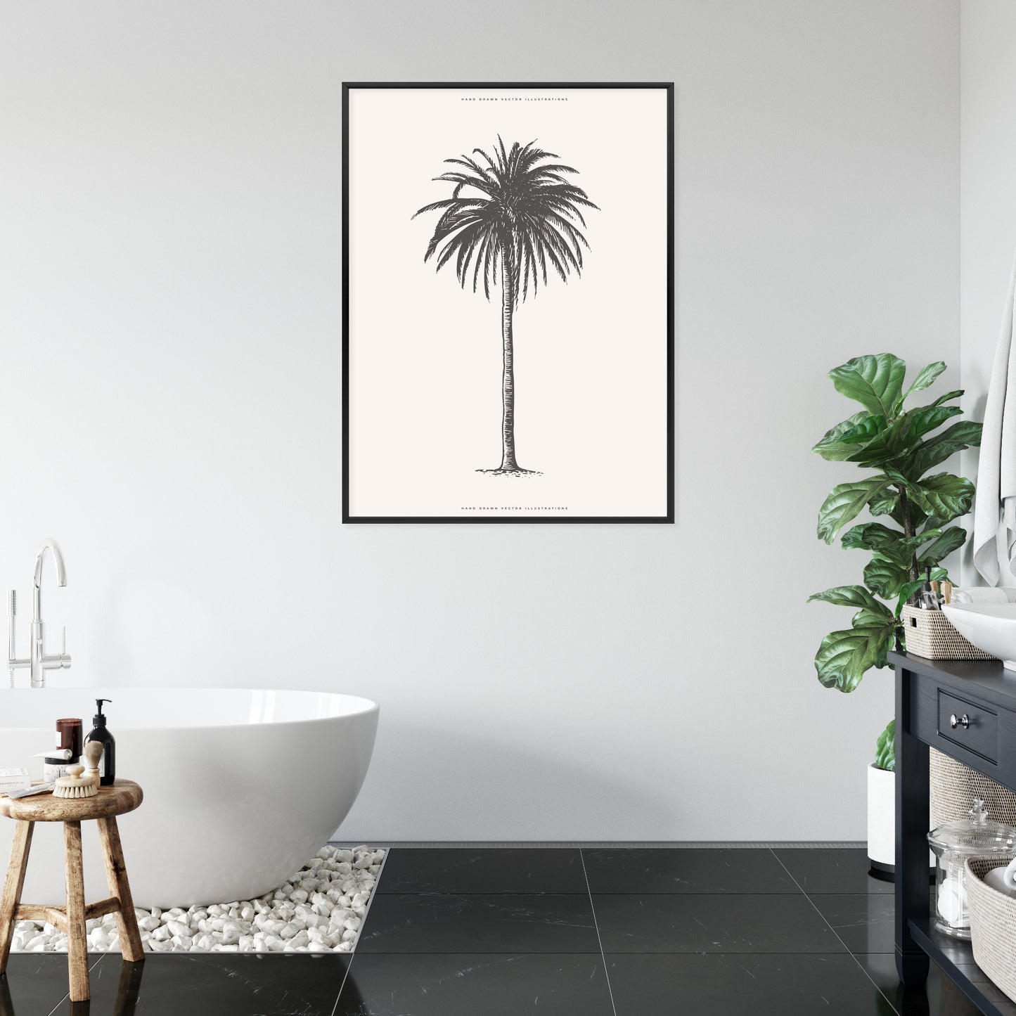 Poster Graue Vintage-Palmenillustration Rahmen Holz Mit Passepartout Farbe Natürlich