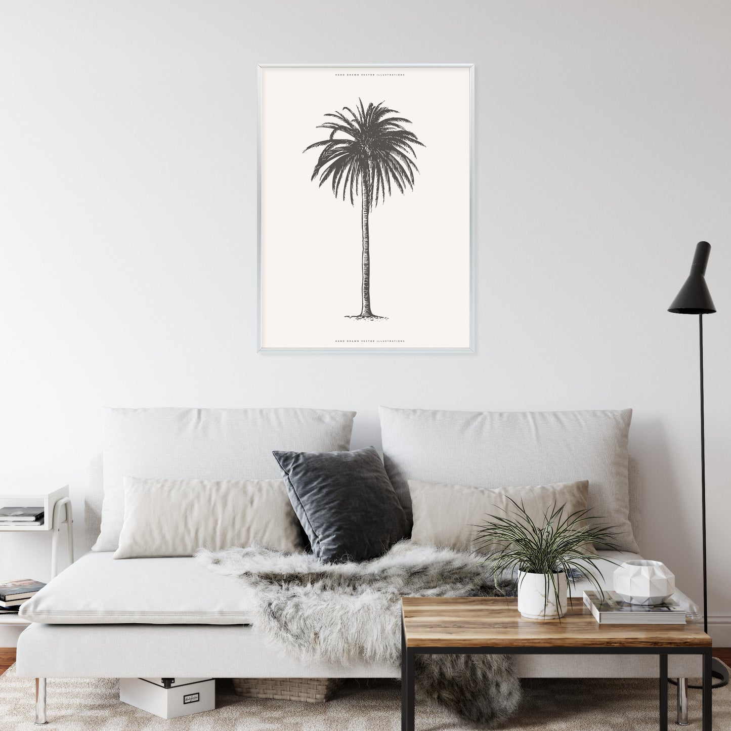 Poster Graue Vintage-Palmenillustration Rahmen Holz Mit Passepartout Farbe Natürlich