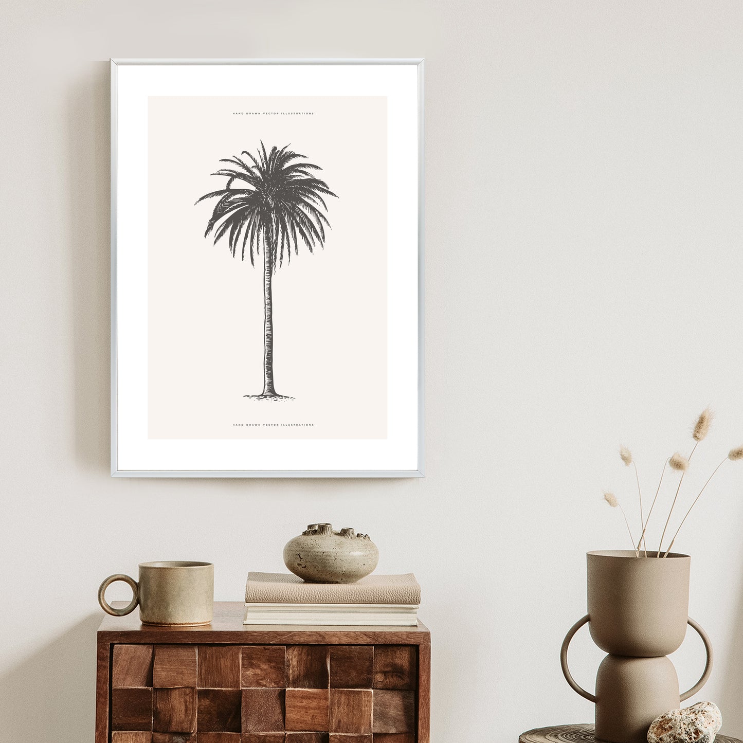 Poster Graue Vintage-Palmenillustration Rahmen Holz Mit Passepartout Farbe Natürlich